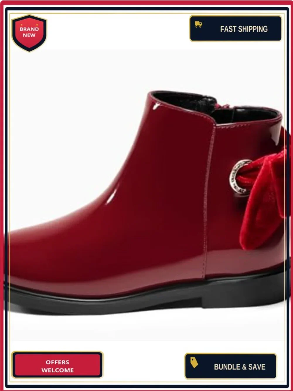 Girls Ankle Boots Chunky Low Heel Side Zipper Dress Booties with Bow